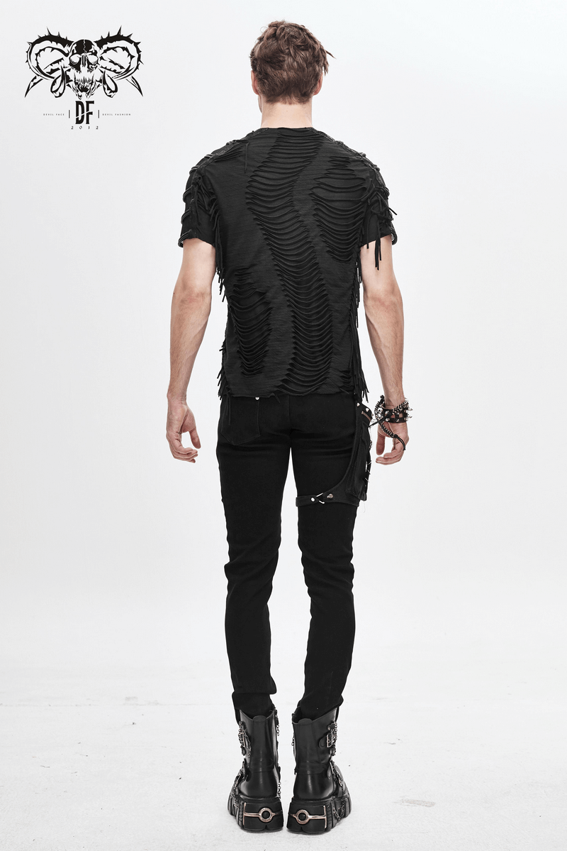 Men's gothic black t-shirt with fringes and slashed design, showcased from the back, perfect for a trendy look.
