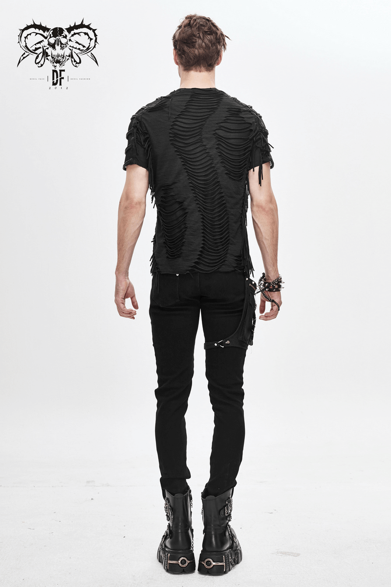 Gothic Black T-Shirts with Fringes / Men's Slashed T-Shirt with Mesh and Studs - HARD'N'HEAVY