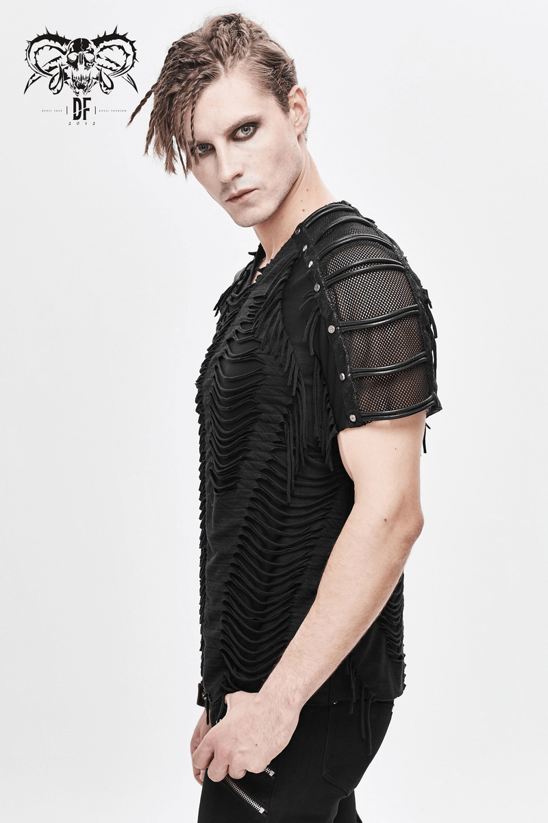 Men's gothic black t-shirt with fringes, slashed design, and mesh sleeves for a trendy, edgy look.