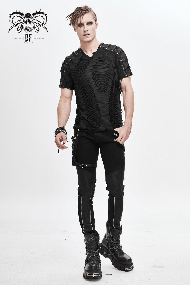 Men's gothic black T-shirt with fringes, slashed details, and studs, styled for a trendy look.