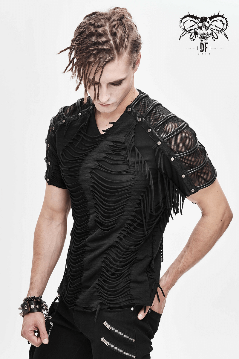 Men's gothic black T-shirt with fringes, slashed design, and mesh details, showcasing a stylish edgy look.