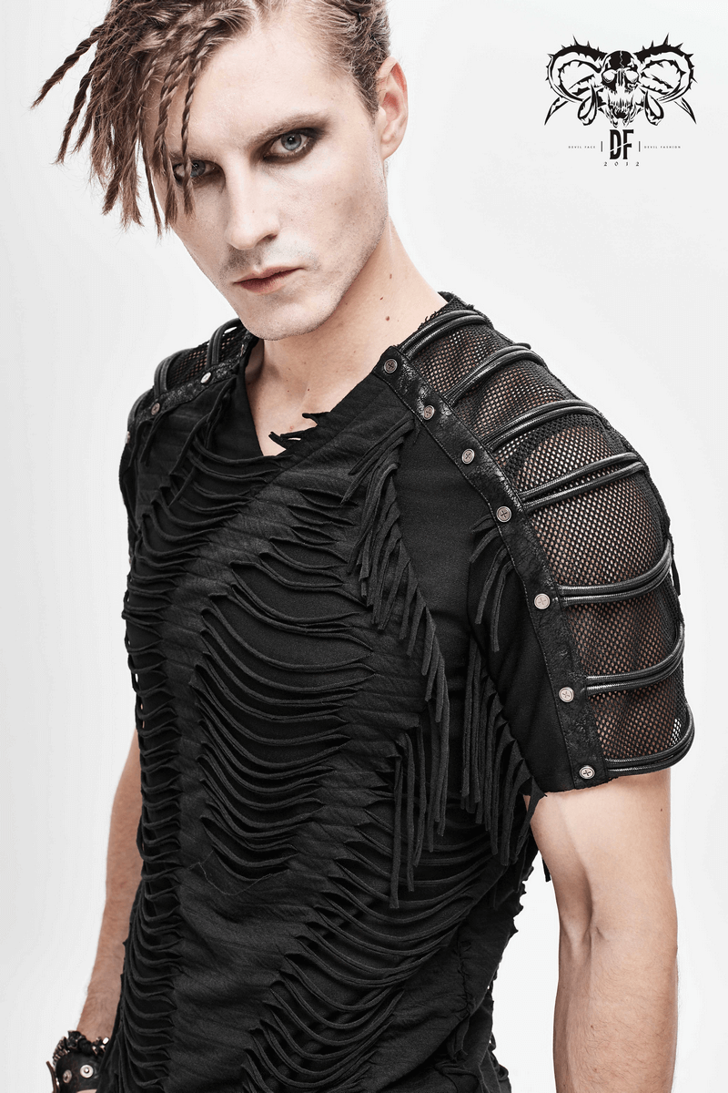 Gothic Black T-Shirts with Fringes / Men's Slashed T-Shirt with Mesh and Studs - HARD'N'HEAVY