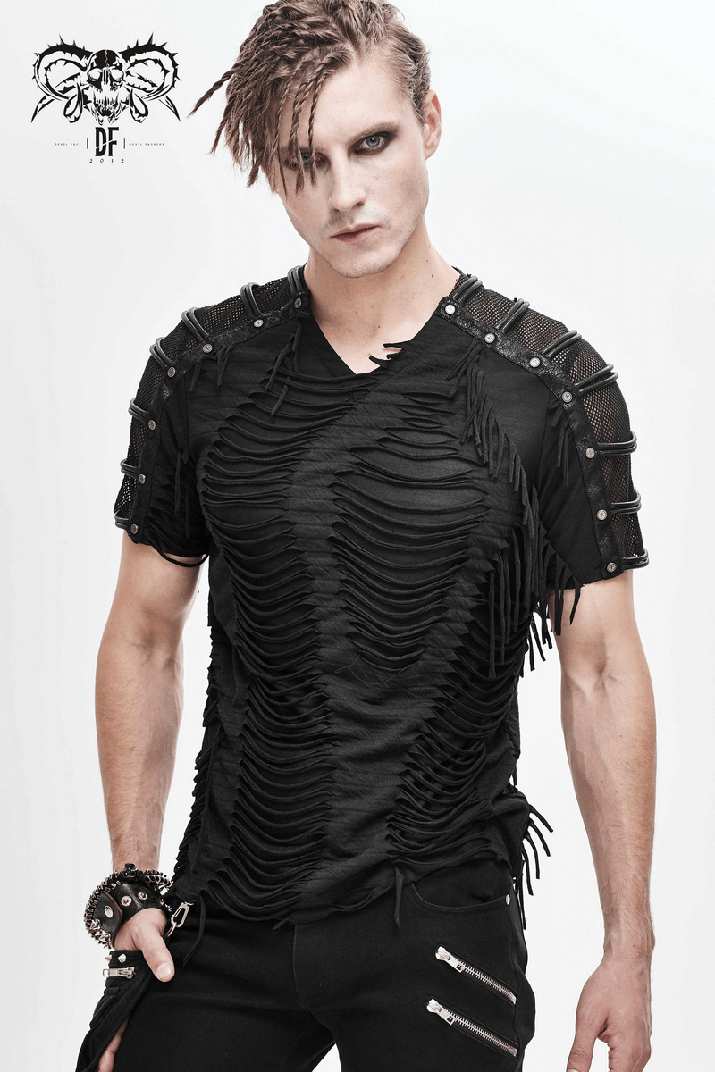 Gothic black men's t-shirt with fringes, slashed design, mesh details, and studs for a trendy look.