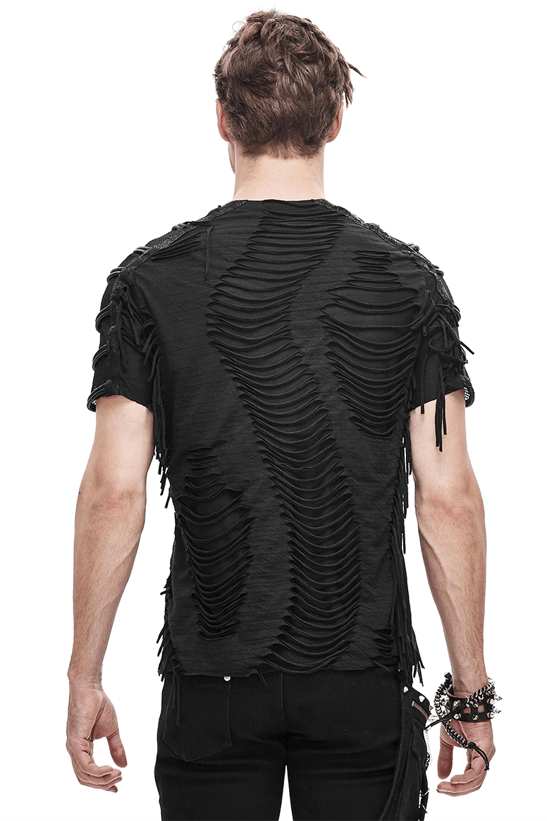 Gothic Black T-Shirts with Fringes / Men's Slashed T-Shirt with Mesh and Studs - HARD'N'HEAVY