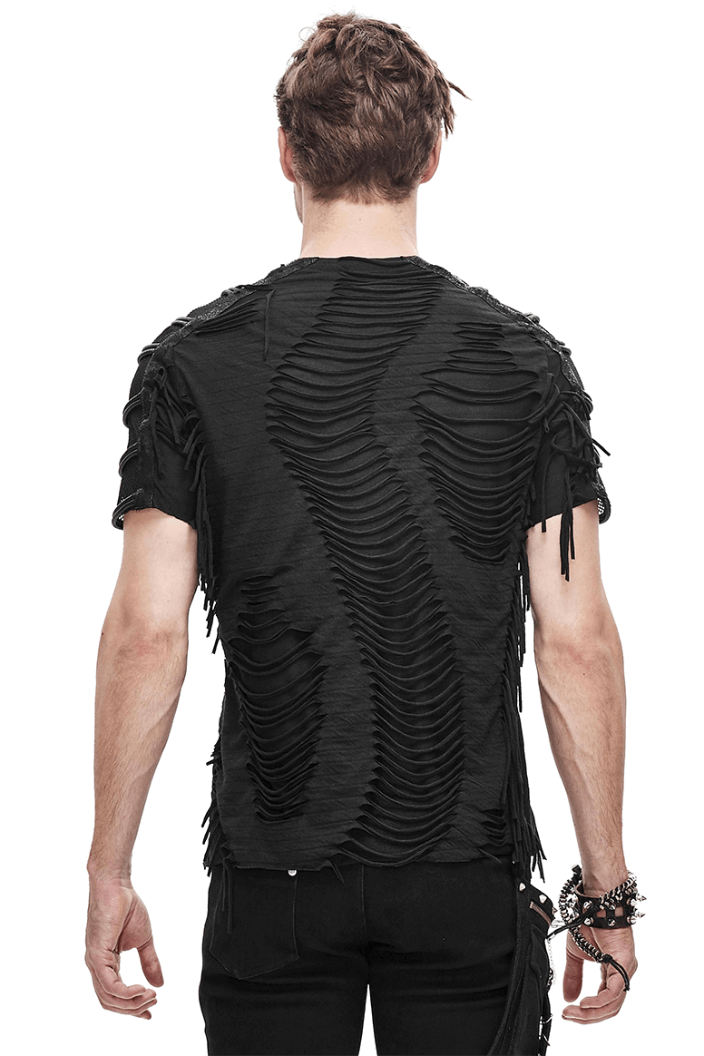 Men's gothic black t-shirt with stylish slashed design and fringes, perfect for a trendy look.