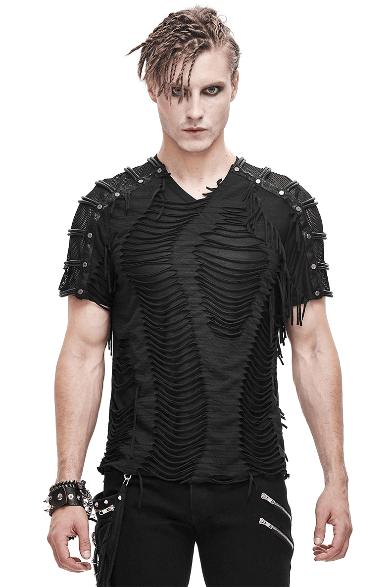 Gothic Black T-Shirts with Fringes / Men's Slashed T-Shirt with Mesh and Studs - HARD'N'HEAVY