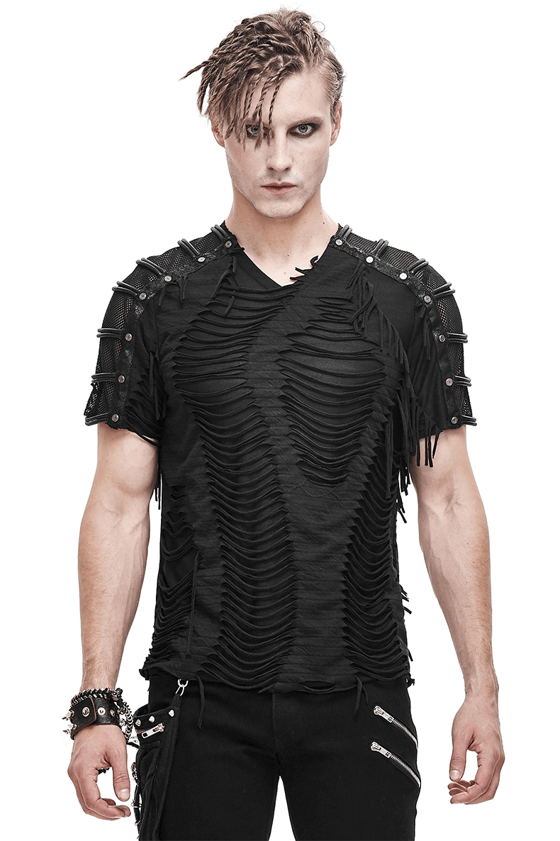 Stylish men's gothic black t-shirt with fringes, slashed design, and studded shoulders for a trendy look.