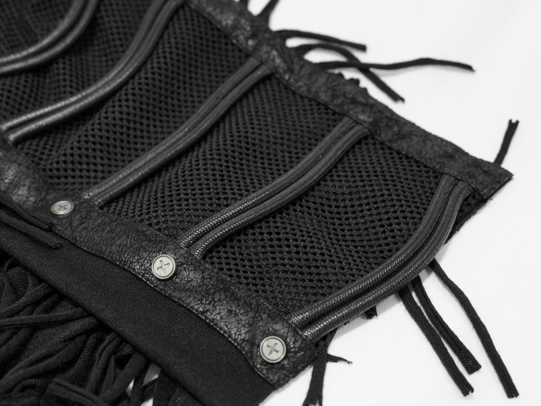 Close-up of black Gothic T-shirt with fringe, mesh panels, and zippers, showcasing edgy fashion details.