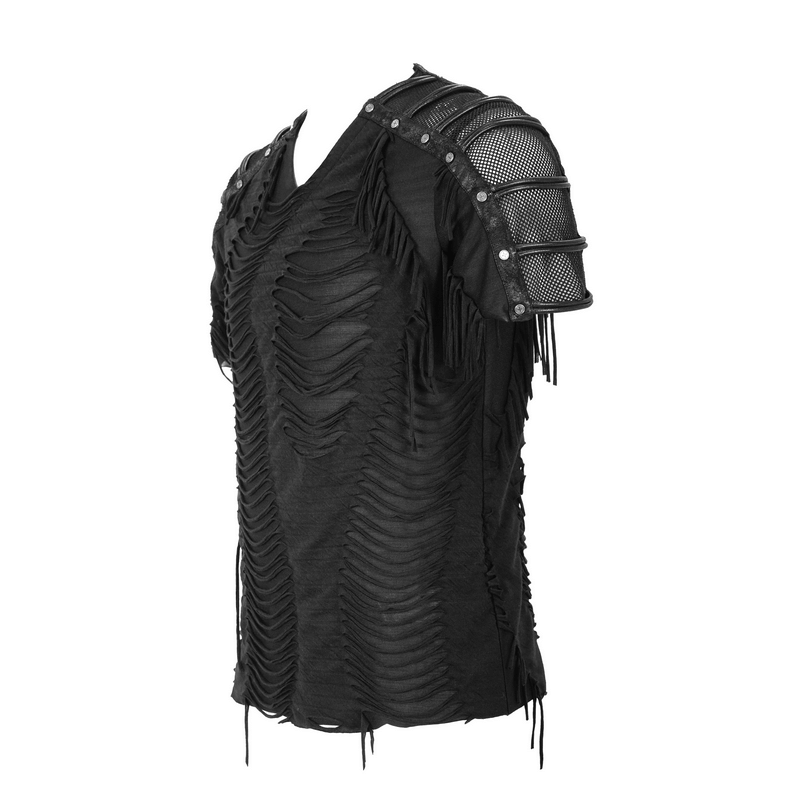 Stylish gothic black t-shirt for men featuring fringe, slashed design, mesh panel, and studded shoulder accents.
