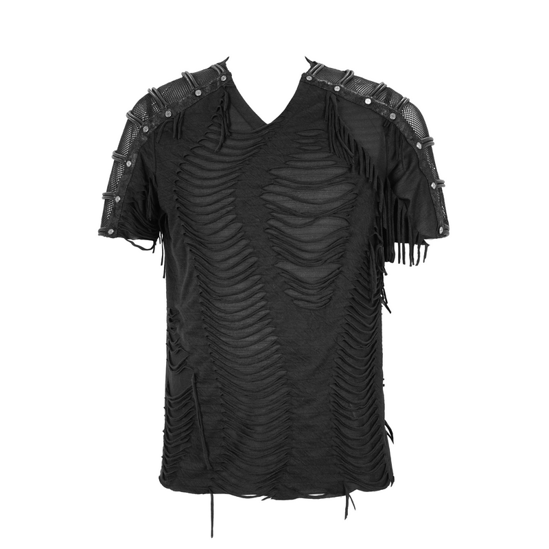 Gothic black men's T-shirt with fringes, slashed design, and studded mesh accents, perfect for trendy goth fashion.