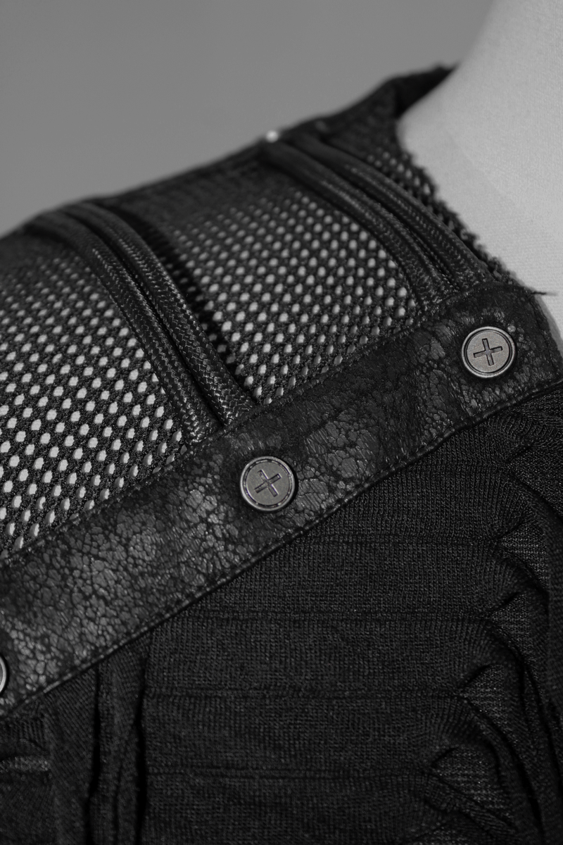 Close-up of a gothic black t-shirt featuring mesh and studded detailing on the shoulder.