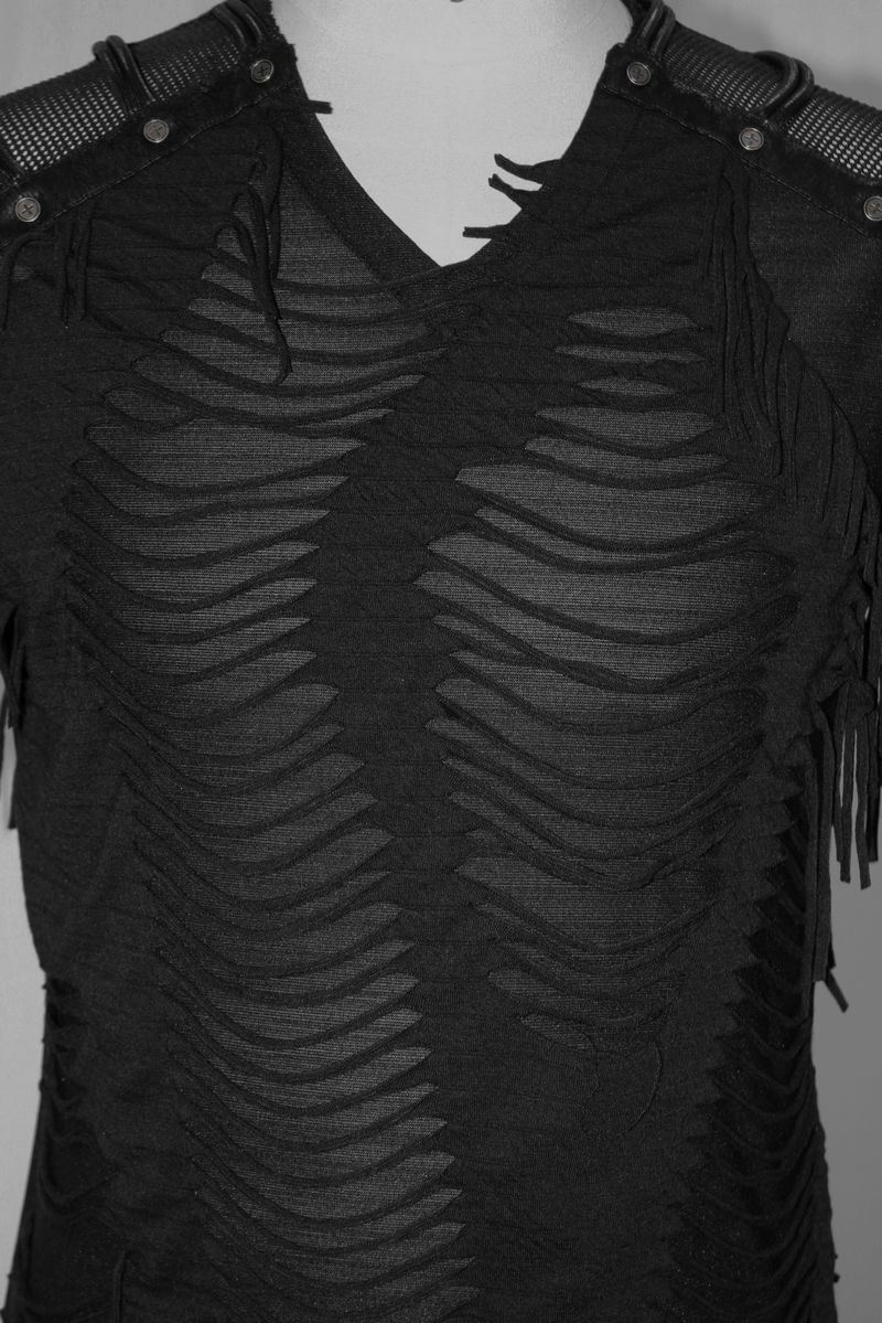 Men's gothic black t-shirt featuring slashed design, fringes, and studded shoulder detailing.