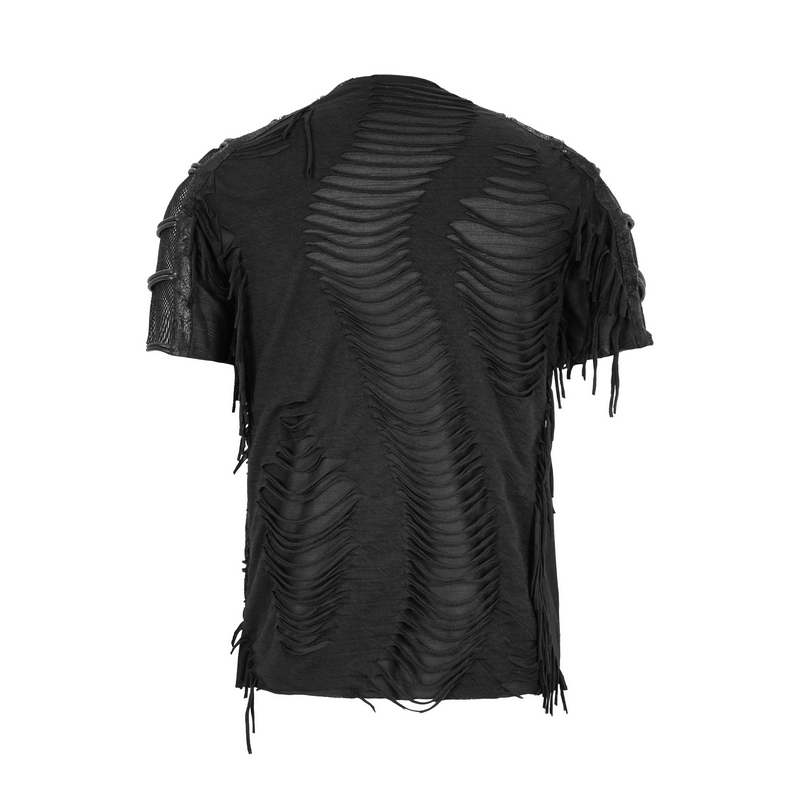 Men's gothic black T-shirt with fringe and slashed design, perfect for a trendy, edgy look.