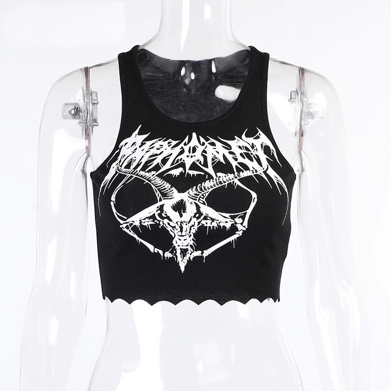 Gothic Black Tank Top for Women / Sleeveless Skinny Crop Top with Print - HARD'N'HEAVY