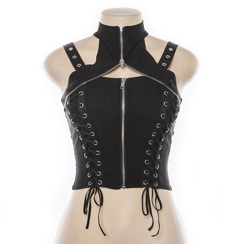Gothic black crop top for women featuring silver rivets, zipper detail, and stylish corset lacing.