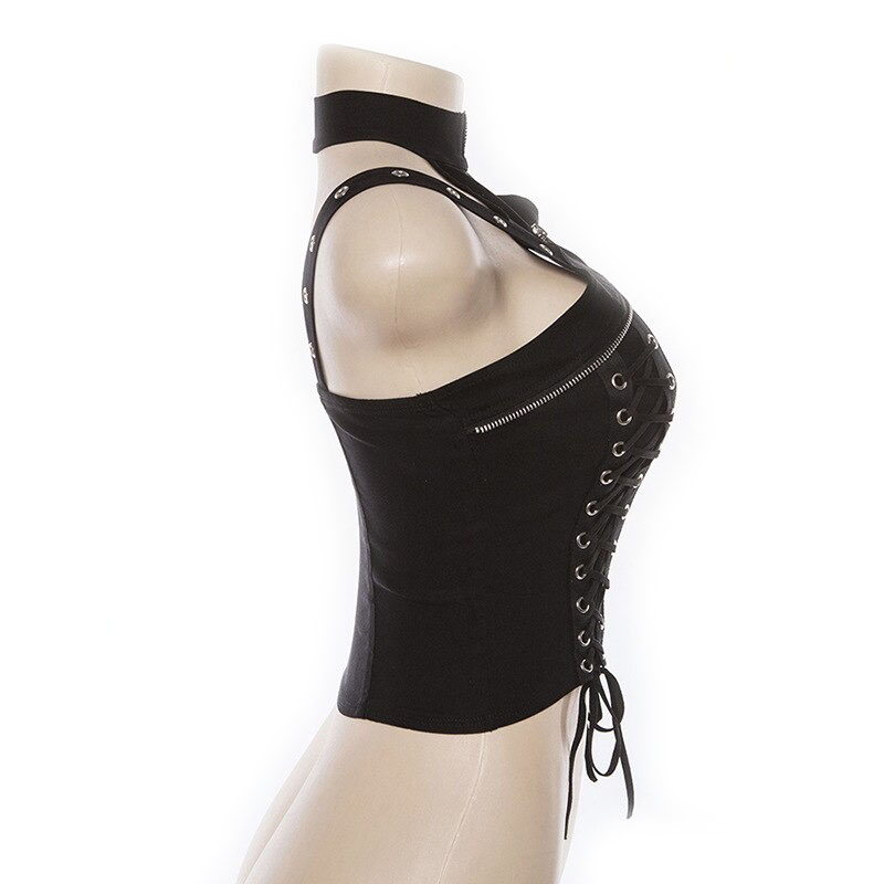 Gothic black crop top for women with silver rivets and corset-style drawstrings, showcasing a trendy side profile.
