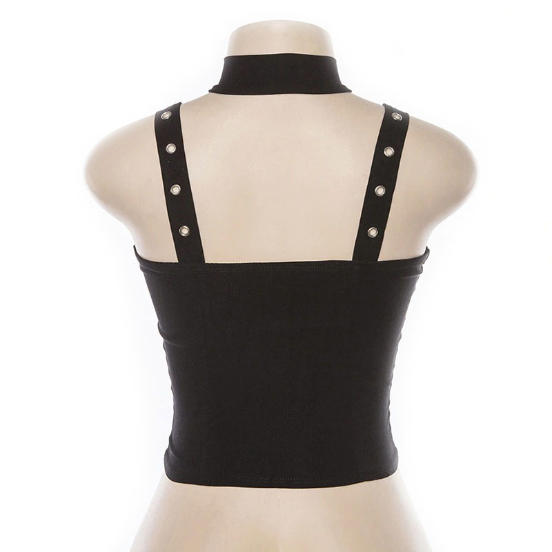 Back view of a women's gothic black crop top with silver rivets and straps, perfect for trendy outfits.
