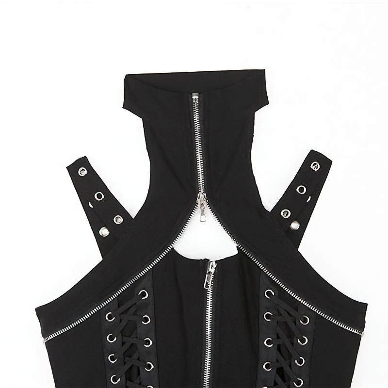 Gothic black crop top for women featuring silver rivets and stylish zippers, perfect for trendy vintage looks.