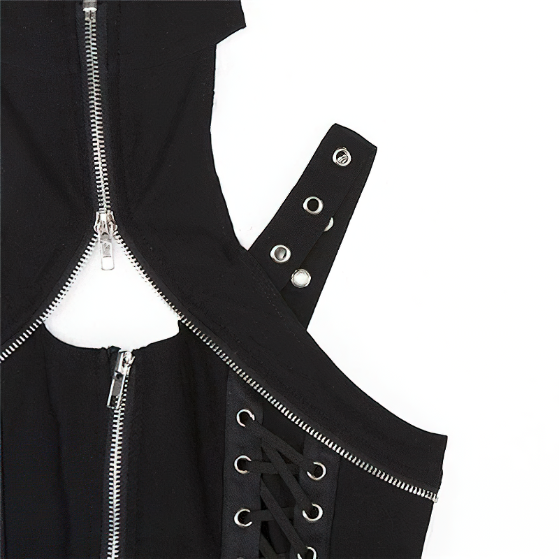 Close-up of a gothic black crop top featuring zippers and lace-up details, perfect for trendy women.