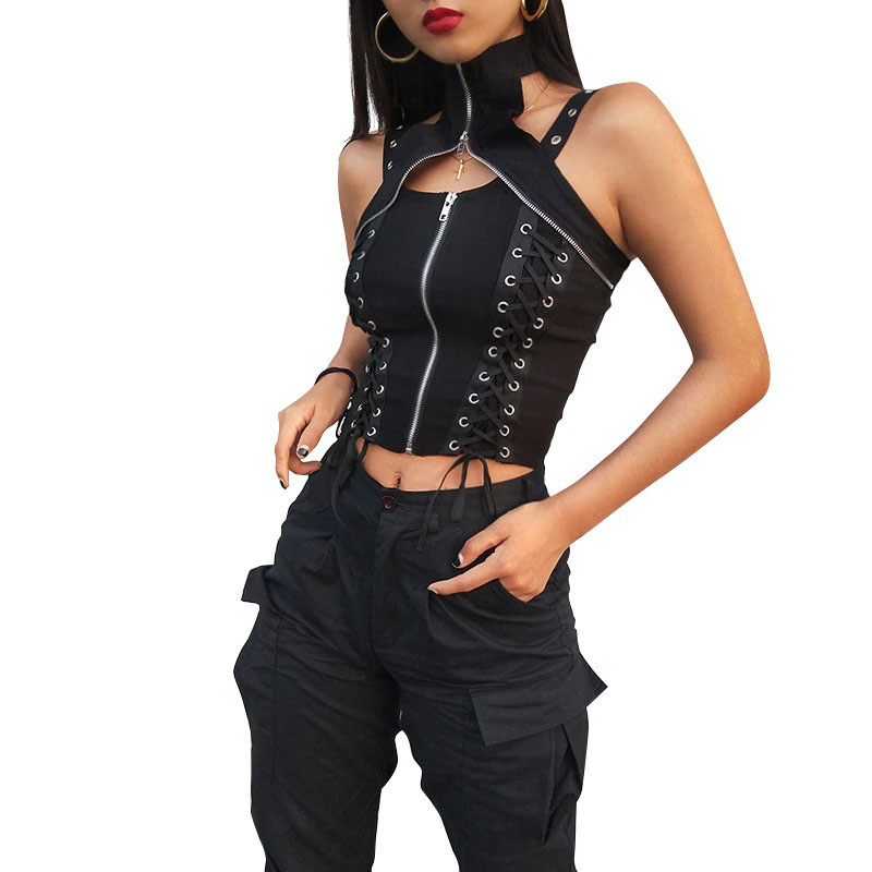 Gothic black crop top for women with silver rivets and corset-style lacing, perfect for trendy outfits.