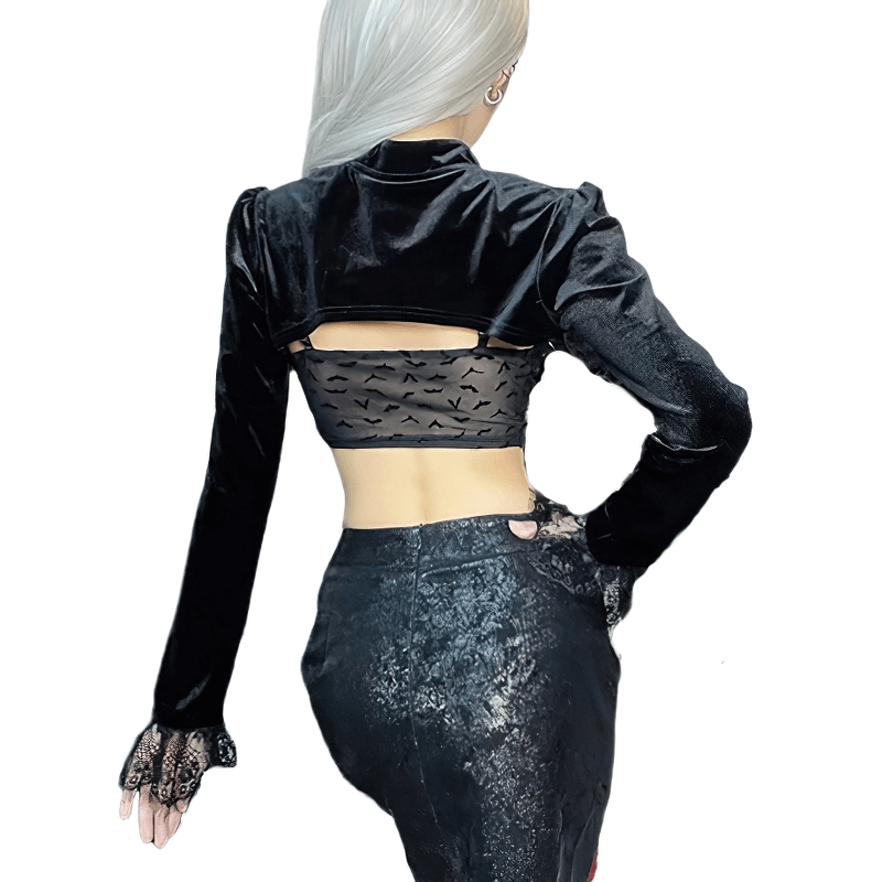 Gothic Black Velvet Crop Tops / Vintage Sexy Long Sleeves Top / Aesthetic Clothing