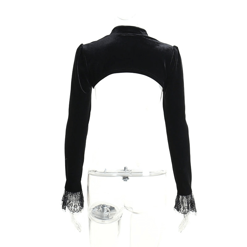 Gothic Black Velvet Crop Tops / Vintage Sexy Long Sleeves Top / Aesthetic Clothing