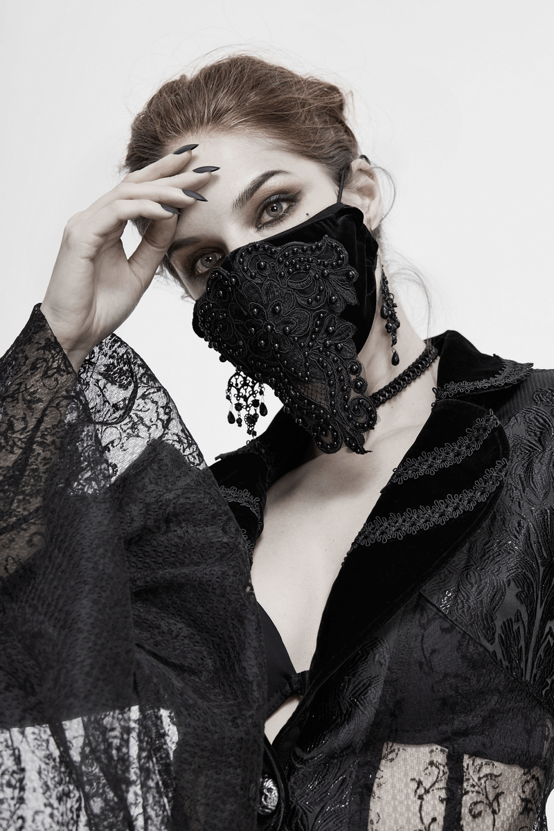 Gothic Black Velvet Face Mask / Women’s Lace Applique Mask with Adjustable Straps - HARD'N'HEAVY