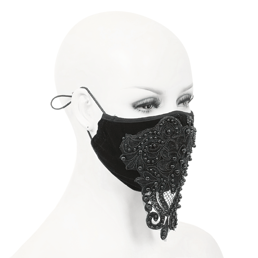 Gothic Black Velvet Face Mask / Women’s Lace Applique Mask with Adjustable Straps - HARD'N'HEAVY