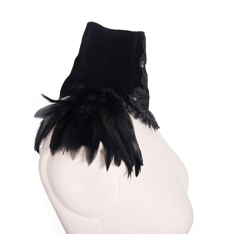 Gothic black velvet choker collar with lace and feathers showcasing elegant vintage style.