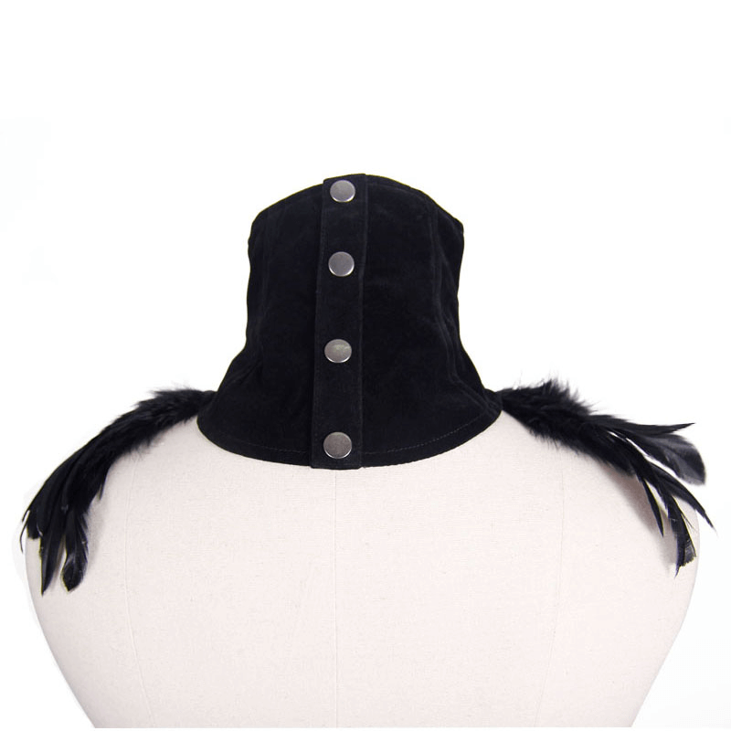 Back view of a black velvet lace choker collar with feathers, featuring decorative buttons, perfect for gothic outfits.