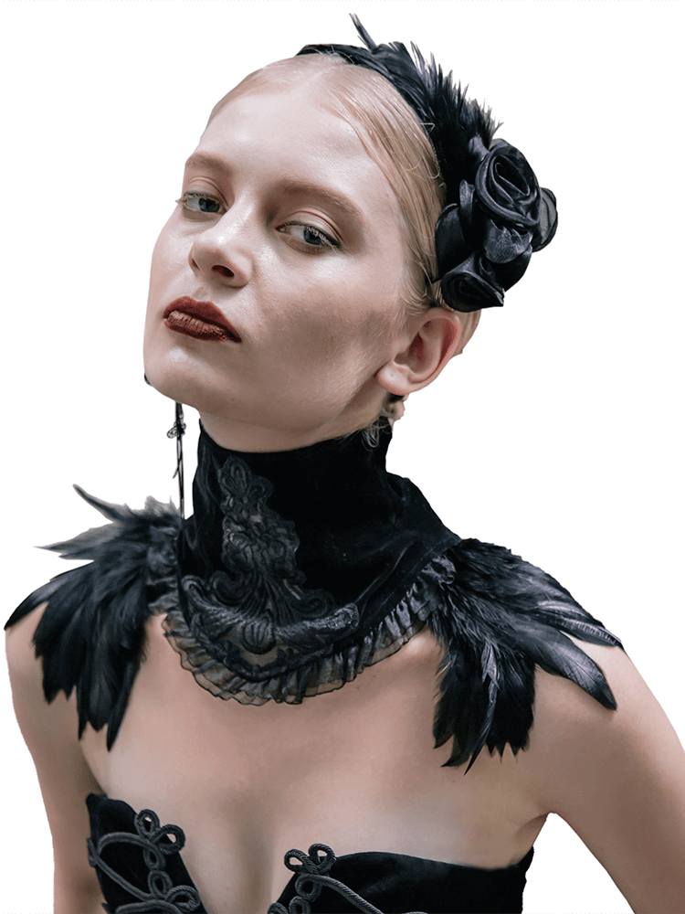Model showcasing Gothic black velvet lace choker collar with feathers, perfect for vintage gothic outfits.