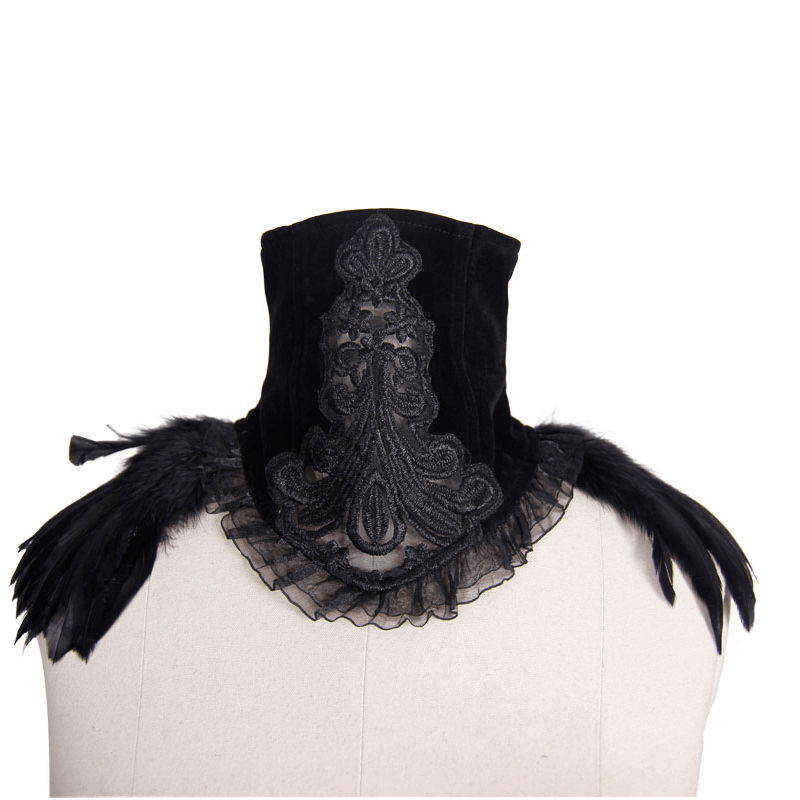 Gothic black velvet lace choker collar with feathers, perfect vintage accessory for a stylish look.