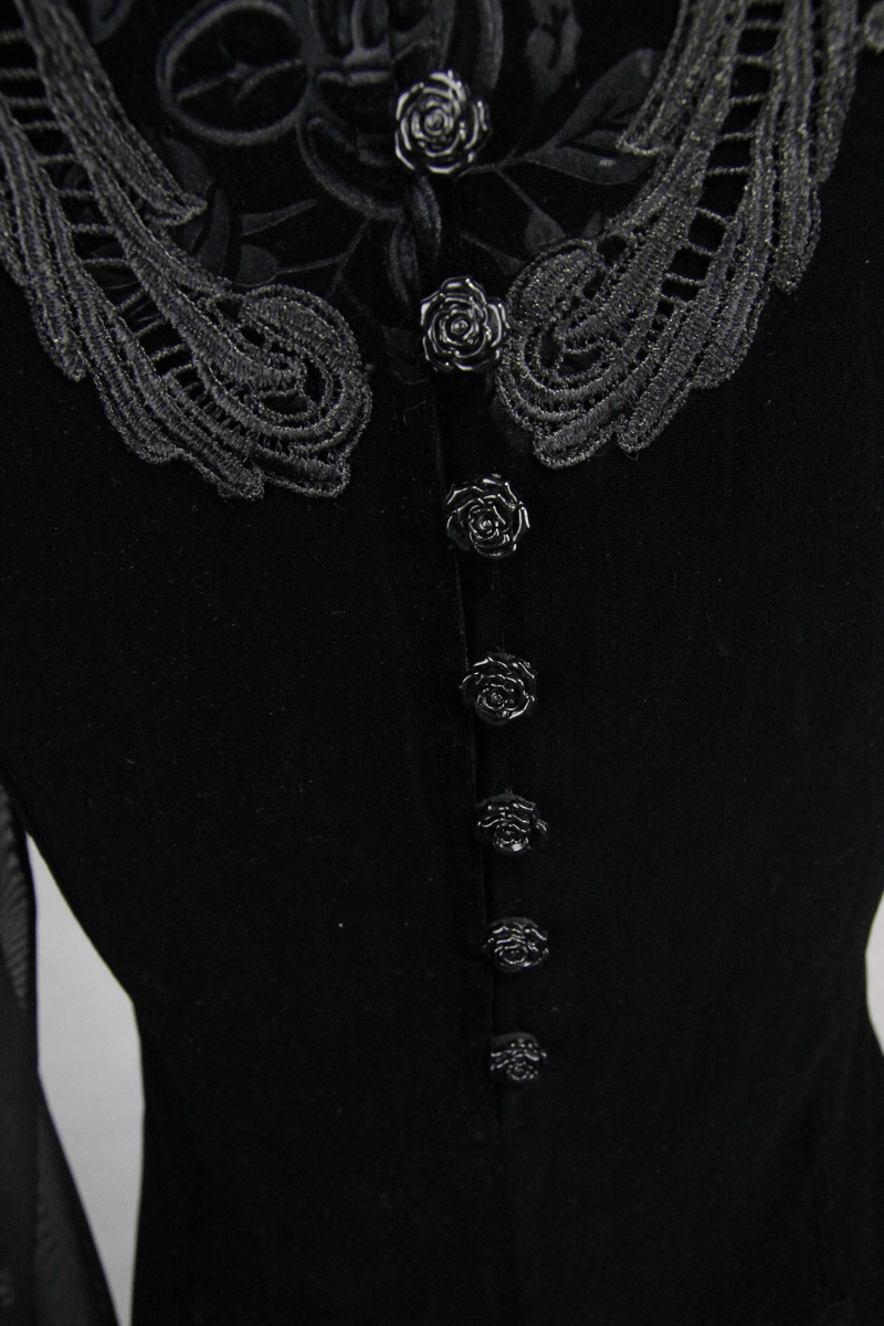 Gothic Black Velvet Top with Embroidery / Long Mesh Sleeve Top With Rose Buttons - HARD'N'HEAVY