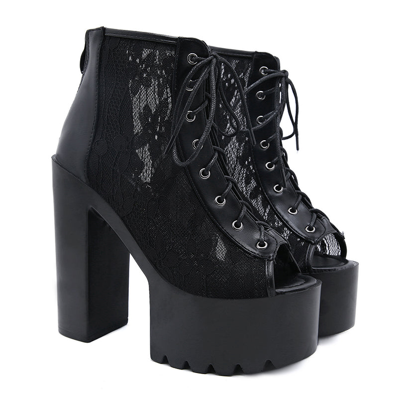 Gothic black lace peep-toe platform sandals with high thick square heels for women, perfect for alternative and rock styles.