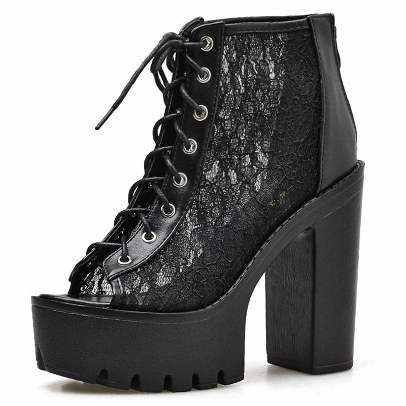 Gothic Black & White Sandals Platform with Square Heels / Alternative and Rock Style High Heel Shoes - HARD'N'HEAVY