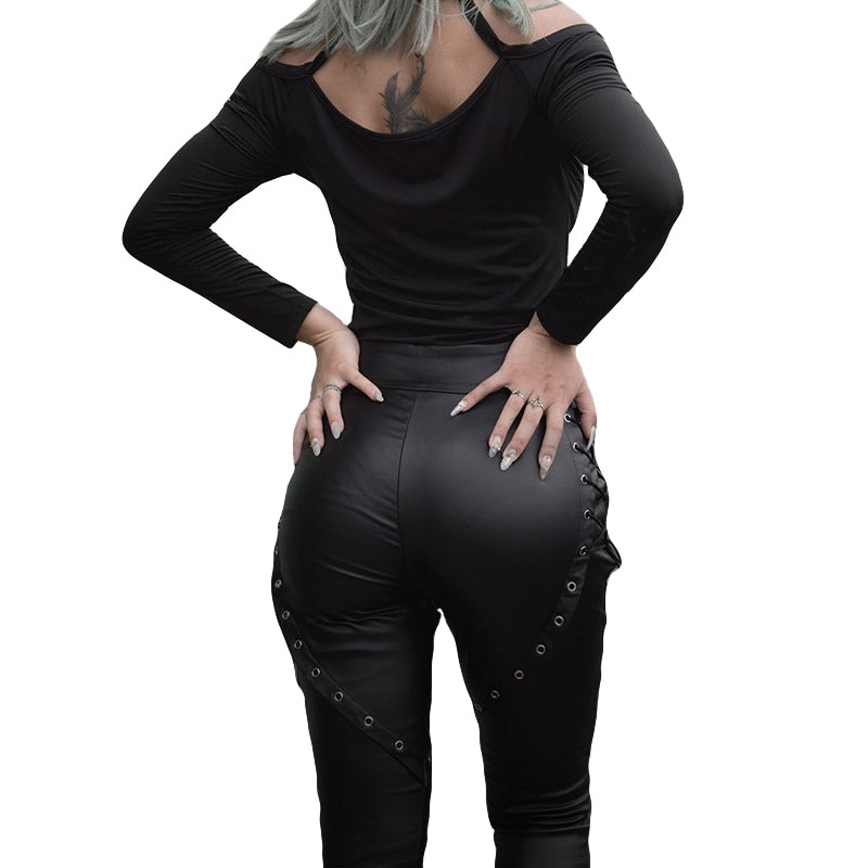 Gothic Black Women Slim PU Leather Pants / High Waist Lace-Up Elastic Pencil Pants - HARD'N'HEAVY