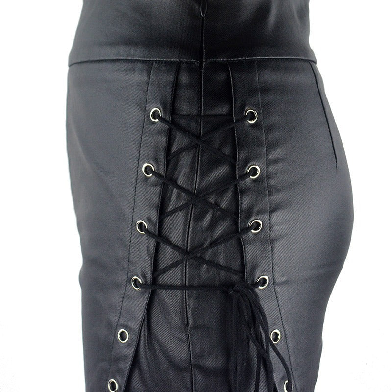 Gothic Black Women Slim PU Leather Pants / High Waist Lace-Up Elastic Pencil Pants - HARD'N'HEAVY
