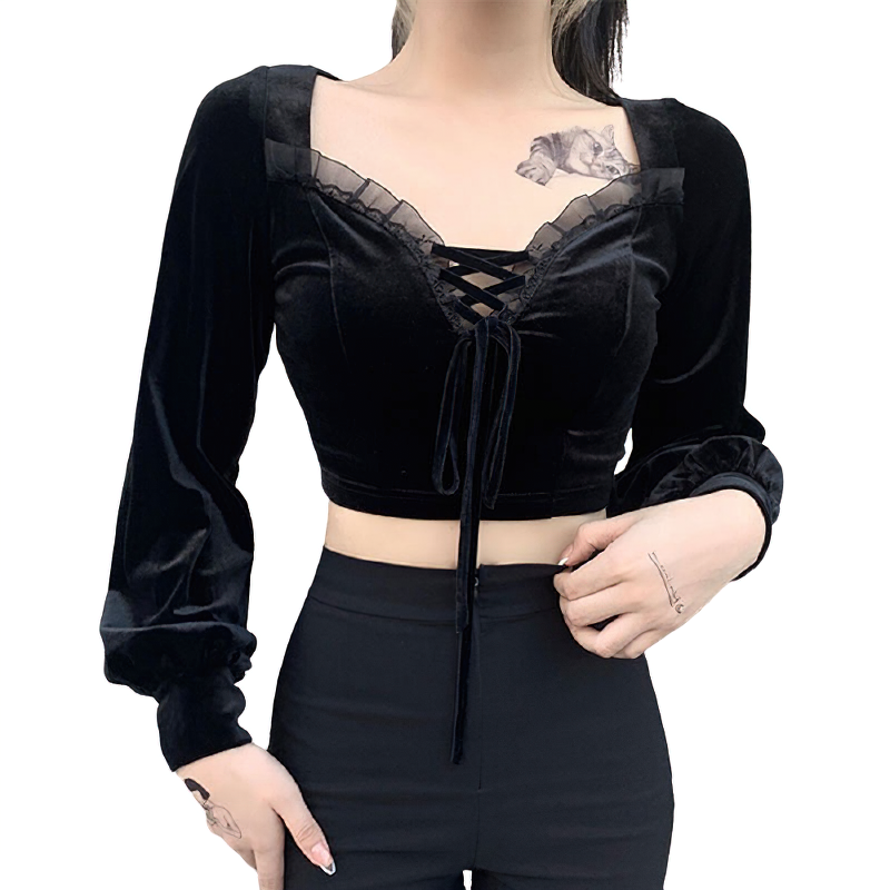 Gothic Black Women Top with Long Lantern Sleeve / Sexy Vintage Cotton V-Neck Top - HARD'N'HEAVY