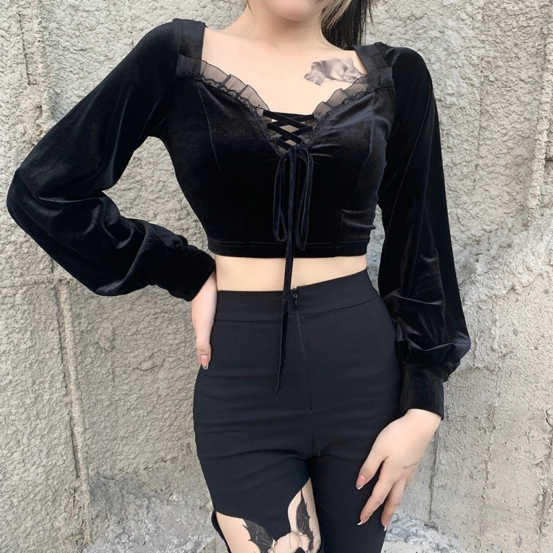 Gothic Black Women Top with Long Lantern Sleeve / Sexy Vintage Cotton V-Neck Top - HARD'N'HEAVY