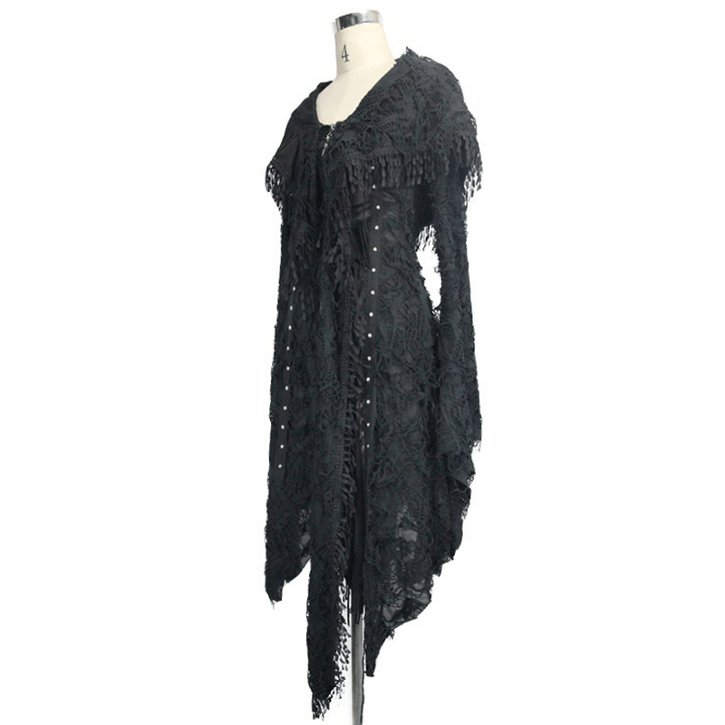 Elegant black lace shawl with intricate floral patterns and fringed edges, perfect for layering in gothic or bohemian styles.