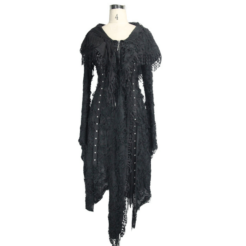 Gothic black women's bat wing sleeve hood long coat in steampunk style, featuring unique texture and design.