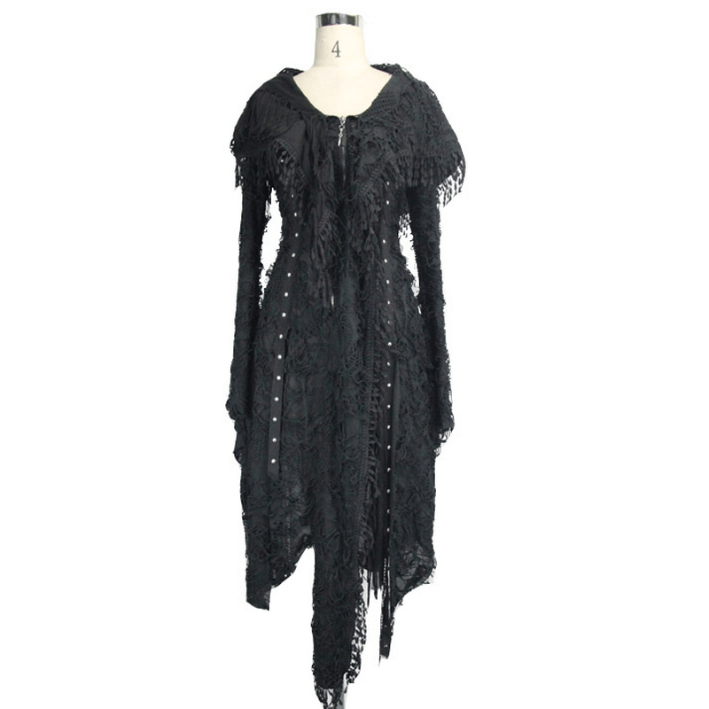 Gothic Black Women's Bat Wing Sleeve Hood Long Coat / Casual Tattered Outwears in Steampunk Style - HARD'N'HEAVY