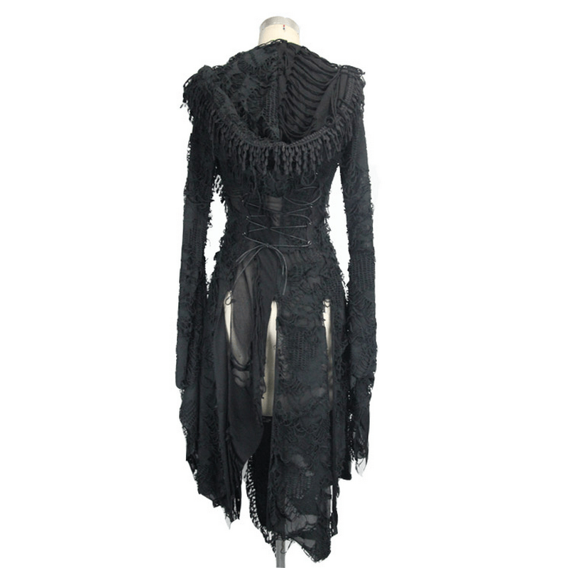 Gothic black women's bat wing sleeve long coat with hood, featuring intricate steampunk design and creative detailing.