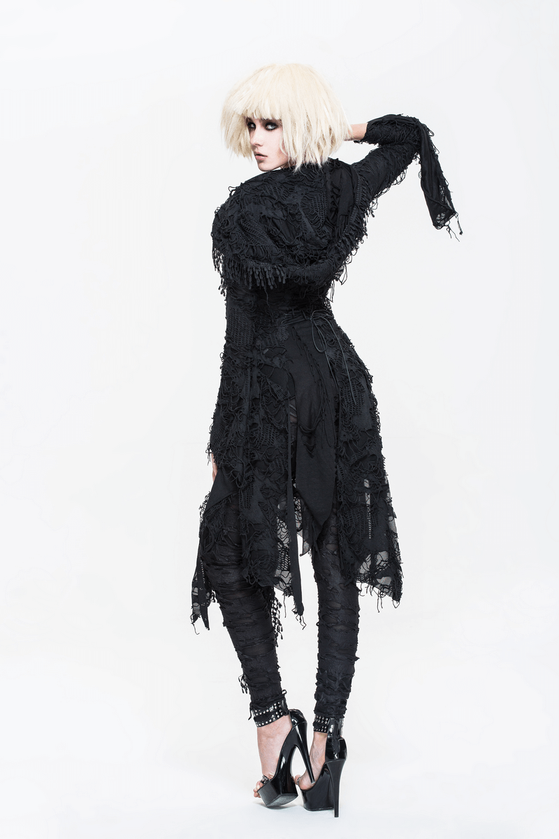Stylish woman in a black Gothic bat wing sleeve coat, showcasing a unique design and edgy look from the back.