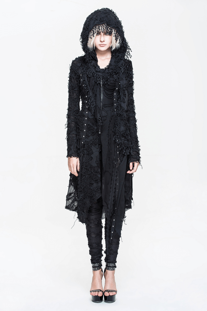 Gothic black women's long coat with bat wing sleeves and hood, perfect for steampunk fashion.
