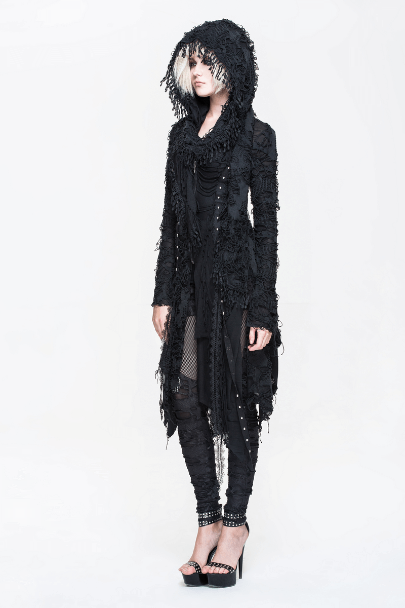Gothic black women's long coat with bat wing sleeves and hood, featuring intricate design and steampunk elements.