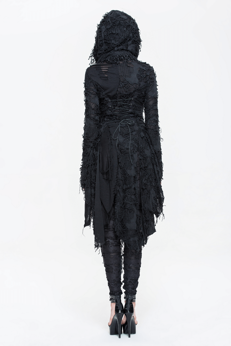 Back view of a Gothic black women's bat wing sleeve hood long coat with intricate texture and steampunk style.