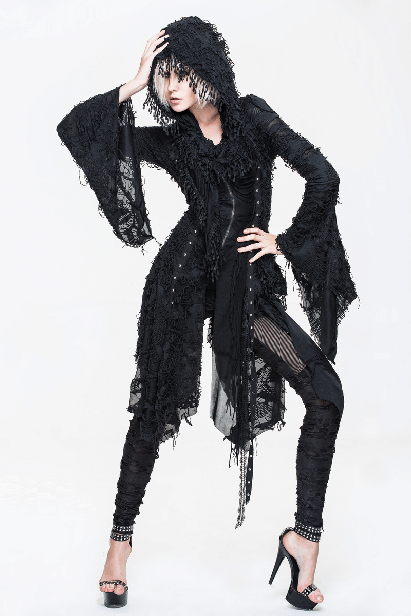 Gothic black women's bat wing sleeve hooded long coat with layered design, perfect for steampunk fashion lovers.