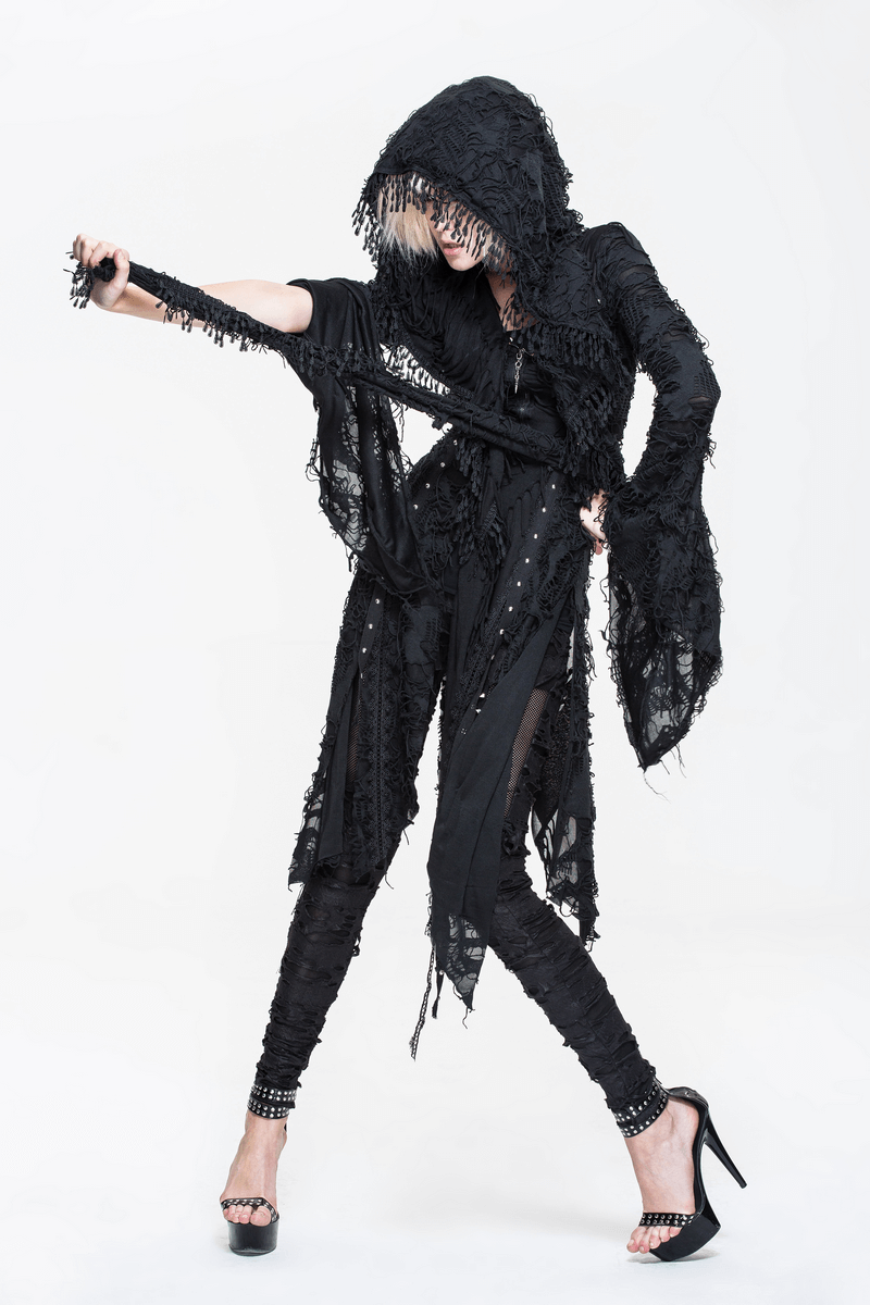 Gothic black women's long coat with bat wing sleeves and a hood, showcasing a unique steampunk style.