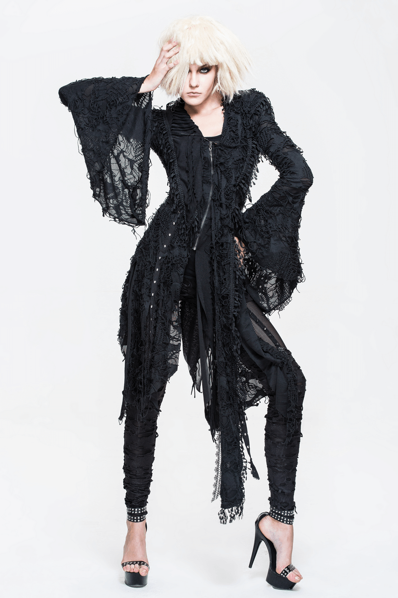 Gothic black women's bat wing sleeve hood long coat, stylish steampunk fashion with chic fringe details.